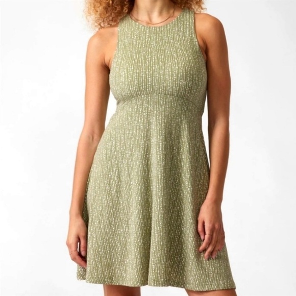 Athleta Womens Size L Santorini Thera Printed Dress Olive Green White UPF 50 - Picture 1 of 8